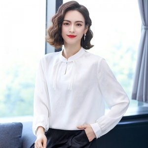 仿真絲印花長袖立領純色上衣2023夏季新款中年媽媽裝寬松大碼T恤衫